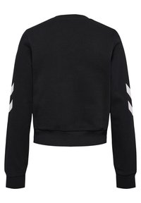 Czarna bluza z długim rękawem z prążkowanymi mankietami i krawędzią, z białymi ukośnymi paskami na obu rękawach, widziana od tyłu.