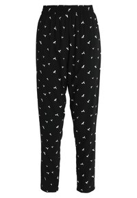 Svarta tygbyxor med resåremmidja, med ett spritt mönster av vita fåglar, tapered benkonstruktion och lätt textur.