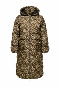 Puhasto puhovko v rjavi barvi s črnim leopardjim vzorcem; ima kapuco, zadrgo, dva sprednja žepa in nastavljive manšete.