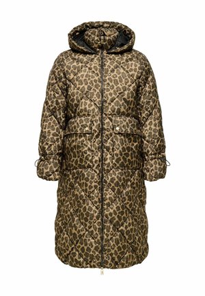 Piumino trapuntato marrone con stampa leopardata nera; presenta un cappuccio, chiusura con zip, due tasche frontali e polsini regolabili.