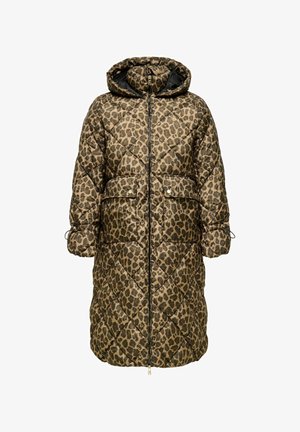 Manteau matelassé en brun avec imprimé léopard noir ; caractéristiques d'une capuche, fermeture éclair, deux poches avant et poignets réglables.