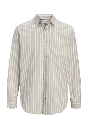 Camicia a righe verticali beige e bianche, maniche lunghe, con colletto e polsini abbottonati, mostrata su sfondo bianco.