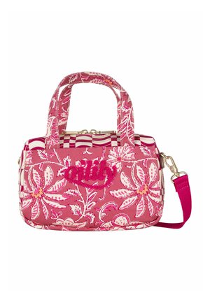 Petit sac à main rectangulaire rose avec motifs floraux blancs, doubles poignées, bandoulière amovible et "emily" brodé sur le devant.