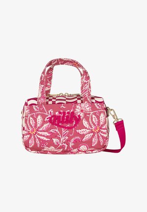 Petit sac à main rectangulaire rose avec motifs floraux blancs, doubles poignées, bandoulière amovible et "emily" brodé sur le devant.