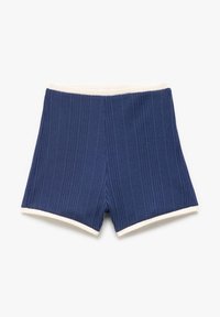Pantaloni corti a coste blu navy con una cintura elastica e orlo bianchi. Presentano un taglio semplice e dritto e una superficie testurizzata.