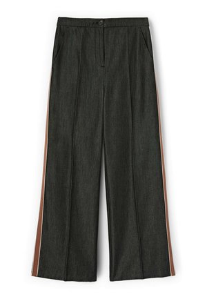 Pantaloni grigio scuro a gamba larga con strisce laterali marroni e beige, tasche frontali, bottoni e chiusura con zip in vita.