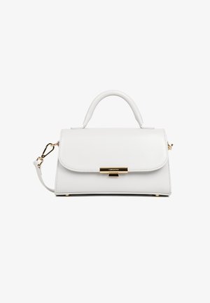 White leather handbag with a structured shape, top handle, detachable strap, and gold hardware accent. Smooth texture and flap closure.