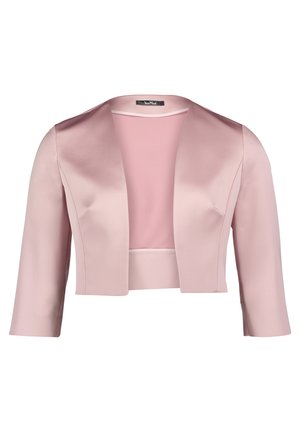 Cropped jacket made of smooth pink satin with three-quarter sleeves and a shawl collar. Features a simple, unembellished design.