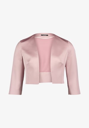 Kort jakke lavet af glat lyserød satin med trekvartærmer og sjalkrave. Har et enkelt, uprydet design.