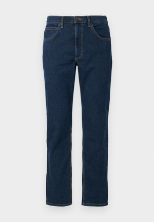 Dunkelblaue Jeans aus Denim mit geradem Schnitt, klassischem Fünf-Taschen-Design, sichtbaren Nähten in kontrastierender Farbe und Knopfverschluss.