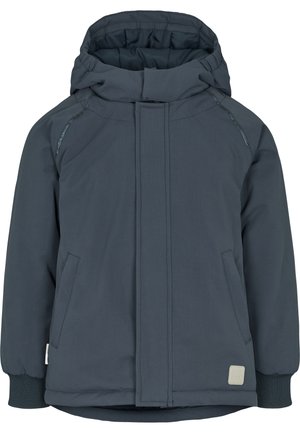 Donkerblauwe gevoerde winterjas met capuchon, voorzakken, elastische manchetten en een voorkant met een rits bedekt door een flap.