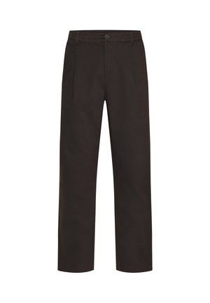 Pantaloni maro din bumbac, cu design cu picior drept, buzunare frontale, închidere cu nasturi și textură netedă.