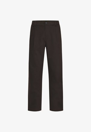 Pantaloni marroni in cotone, con design a gamba dritta, tasche frontali, chiusura con bottoni e una texture liscia.