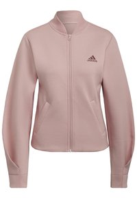 Veste zippée adidas rose clair avec col côtelé, manches longues, deux poches avant et logo adidas sur la poitrine gauche.