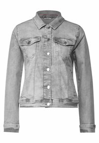 Šedá dž�ínová bunda s límcem, zapínáním na knoflíky vpředu, dvěma náprsními kapsami a dlouhými rukávy. Má mírně opotřebovaný vzhled.
