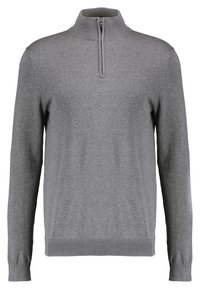 Männlicher grauer Langarmpullover mit geripptem Kragen, Bündchen und Saum, ausgestattet mit einem Viertelreißverschluss und einem dezenten Markenlogo auf der Brust.
