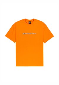 Oranžové bavlněné tričko s kulatým výstřihem, krátkými rukávy a bílým nápisem "Quiksilver" přes hruď.