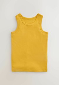 Débardeur en coton jaune sans manches, posé à plat sur un fond blanc, design simple avec encolure ronde et bords cousus.