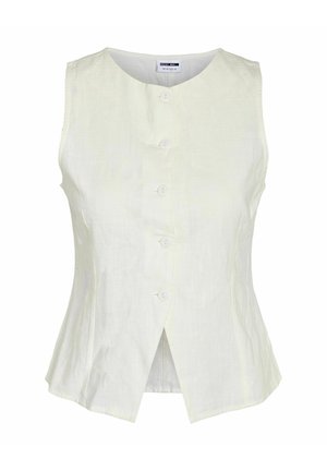 Brezrokavnik v barvi slonovine s šestimi gumbi, z nežnim teksturiranim vzorcem tkanine, krojen po meri z rahlim sprednjim razporkom.