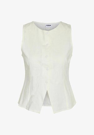 Veste sans manches écrue à boutons, comportant six boutons et un subtil motif de tissu texturé, coupe ajustée avec une légère fente à l'avant.