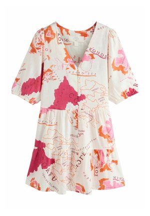 Robe en lin à manches courtes, col en V, boutonnage devant, imprimé coloré représentant une carte des régions et îles méditerranéennes.