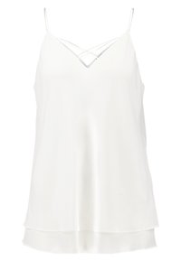 Valkoinen toppi, jossa on ohuet, säädettävät hihnat, V-pääntie ristikkäisillä yksityiskohdilla ja kerrosmainen helma. Tasainen, satiinimainen rakenne.