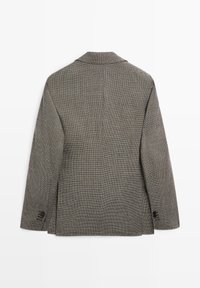 Gray plaid blazer with notched lapels, two side vents, textured fabric, and buttoned cuffs. Back view shows clean lines and tailored fit.