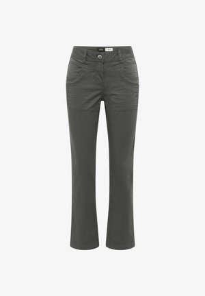 Pantalons pour femmes gris foncé à jambes droites avec poches avant, fermeture bouton et passants pour ceinture, présentés sur fond blanc.