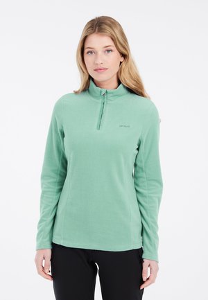 Lichtgroene fleece pullover met een half-rits kraag, lange mouwen en een zachte textuur. Heeft een subtiele logo op de borst.