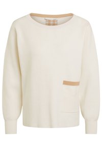 Sweter w kremowym kolorze z okrągłym dekoltem, ściągaczami na rękawach i kieszenią z przodu z beżowym paskiem akcentowym. Miękka tekstura materiału.