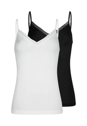 Two women's camisoles, one white and one black, both with thin straps and lace trim along the V-neckline.