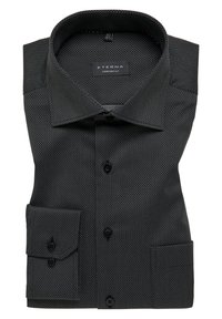 Zwart Eterna comfort fit overhemd met een gestructureerd geometrisch patroon, een spreidkraag en een borstzak met zwarte knopen.
