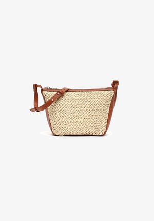 Borsa a tracolla in paglia intrecciata con dettagli in pelle marrone, chiusura zip, tracolla regolabile e superficie testurizzata.