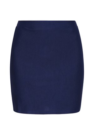 Tmavě modrá přiléhavá sukně ke kolenům s hladkou texturou a jednoduchým pasem, zobrazena na bílém pozadí.