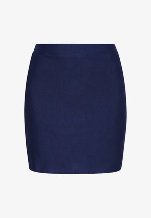 Fustă bleumarin, până la genunchi, mulată, cu o textură fină și o talie simplă, prezentată pe un fundal alb.