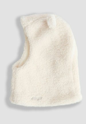 Creamfarvet fleecehat med en blød tekstur, rund form og en lille pom-pom detalje på toppen. Har et åbent halsdesign.