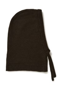Balaclava tricotată de culoare maro închis, cu o textură moale, formă alungită, margini cu dungi și șnururi pentru o fixare sigură.