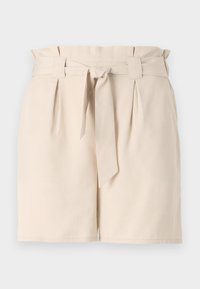 Beige přizpůsobené kraťasy z lehkého materiálu, s páskem v pase, s detaily záhybů a rovného střihu.