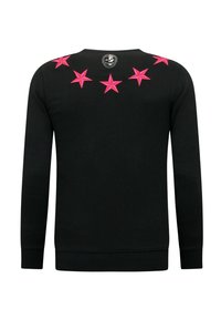 Zwarte trui met lange mouwen, voorzien van roze sterborduursel op de achterkant en een ronde halslijn. Soepele textuur en nauwsluitende pasvorm.