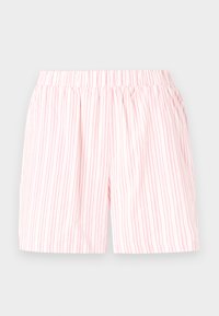 Lette bomullsshorts med et rosa og hvitt vertikalt stripemønster, med en elastisk midje for komfort og enkel bruk.