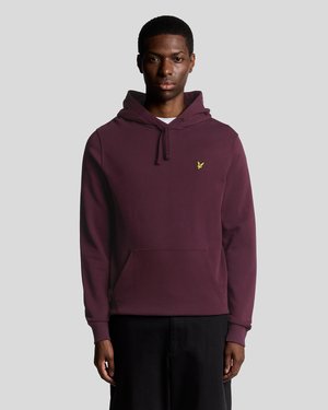 Felpa bordeaux con tasca frontale, cappuccio con coulisse e un piccolo logo giallo sul petto. Tessuto morbido con polsini a costine.