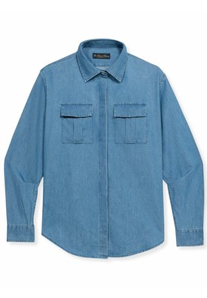 Světle modrá džínová košile s dlouhým rukávem, límečkem na knoflíky, dvěma náprsními kapsami s klopami a skrytou přední légou na knoflíky.