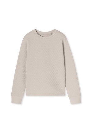 Sweatshirt matelassé beige clair avec un col rond, des manches longues et des poignets côtelés. Présente un motif en losanges texturé sur l'ensemble.