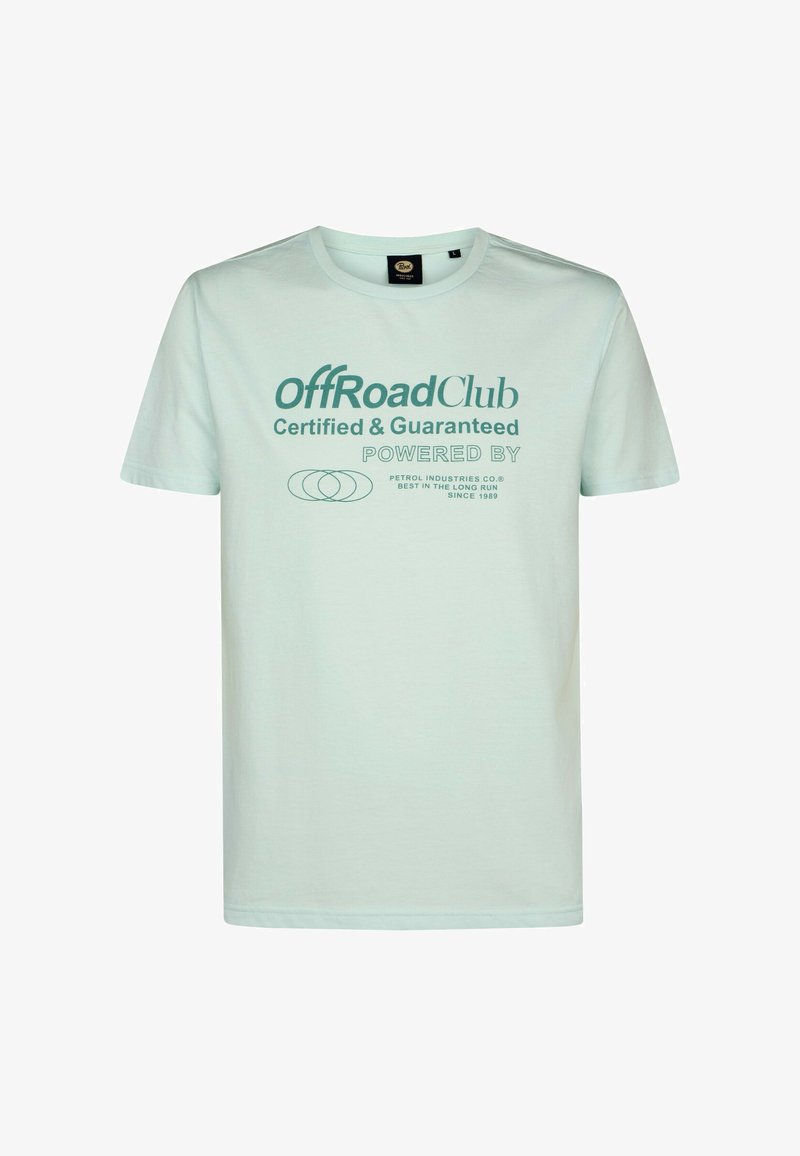 Hellgrünes T-Shirt mit kurzen Ärmeln mit dem Schriftzug „offRoadClub Certified & Guaranteed“ und einem runden Logo, das mittig auf der Vorderseite aufgedruckt ist.