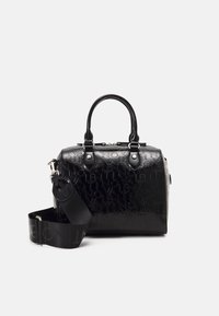 Black embossed handbag with short handles, detachable shoulder strap, featuring a logo pattern and shiny finish. Rectangular shape.