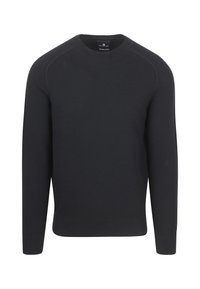 Herren Pullover in uni Schwarz mit Rundhalskragen, langen Ärmeln, gerippten Bündchen und Saum, aus Bio-Baumwolle hergestellt.