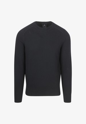 Effen zwart heren sweater met ronde hals, lange mouwen, ribgebreide manchetten en zoom, gemaakt van biologisch katoen.