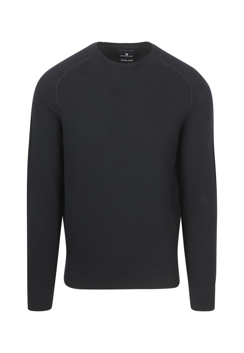 Herren Pullover in uni Schwarz mit Rundhalskragen, langen Ärmeln, gerippten Bündchen und Saum, aus Bio-Baumwolle hergestellt.
