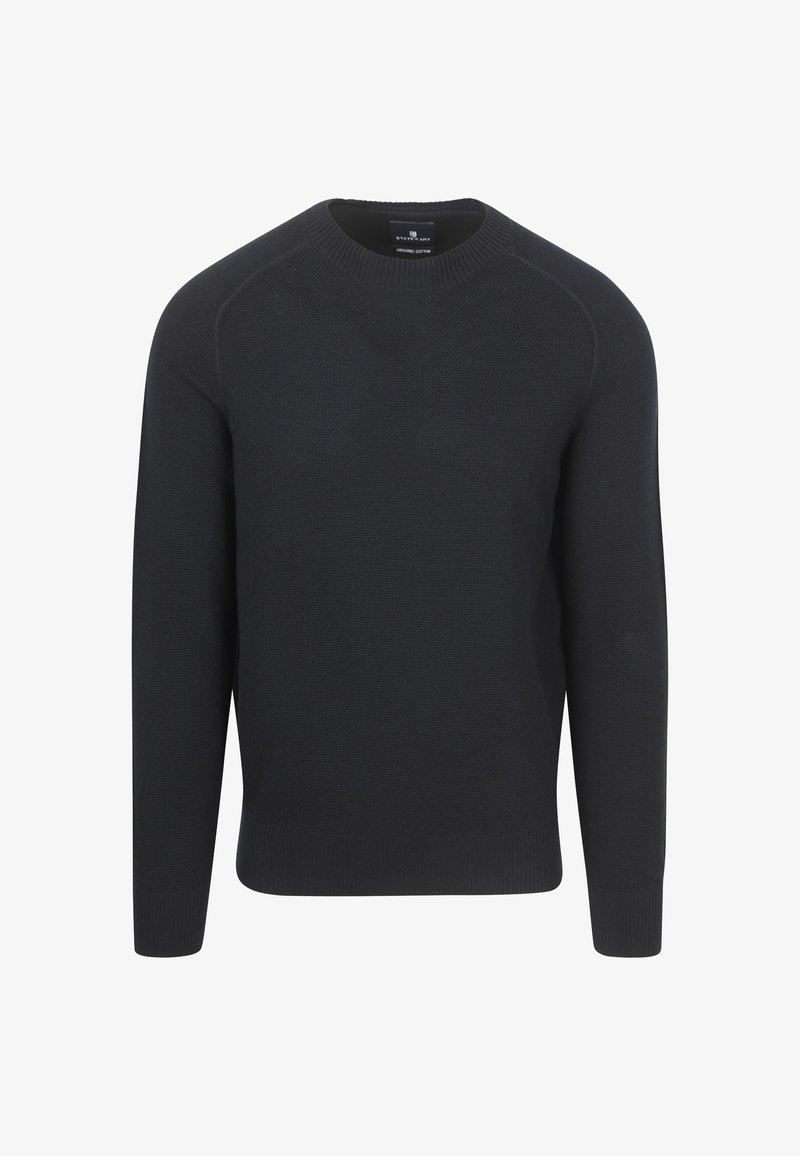Herren Pullover in uni Schwarz mit Rundhalskragen, langen Ärmeln, gerippten Bündchen und Saum, aus Bio-Baumwolle hergestellt.