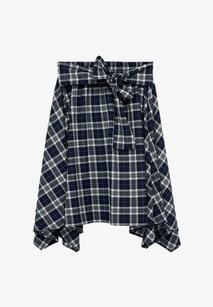 Navy blue and white plaid skirt with an asymmetrical hem and a tied bow belt at the waist.